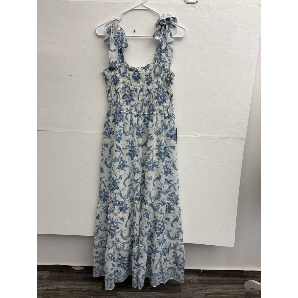 NWT Max Studio Blue Floral Smocked Maxi Dress Size L Tiered Tie Shoulder $178 - Picture 5 of 13